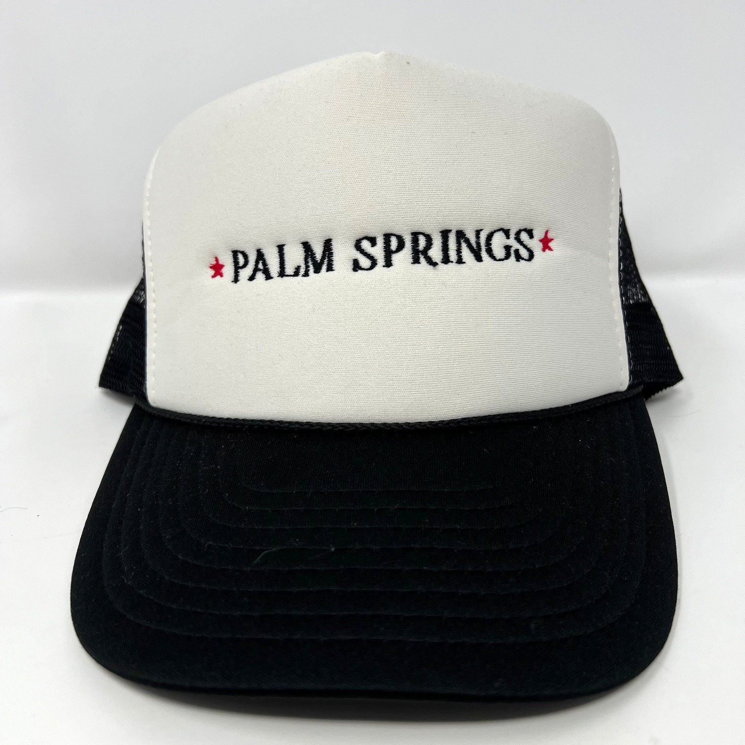 Vintage Palm Springs Trucker Hat Nissin Mesh Snapback Cap Black White Festival